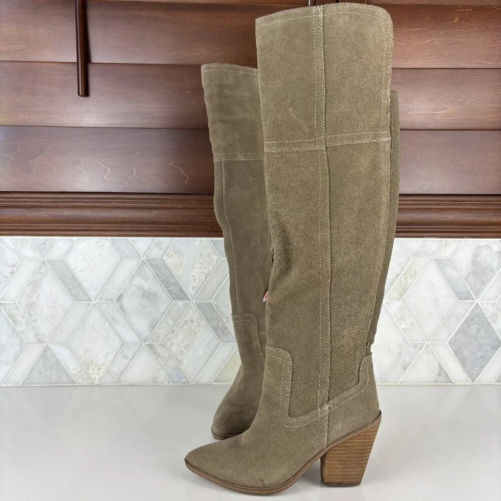 6M Taupe Knee High Boot Cuban Block Heel Pointed Toe Suede Waterproof Windie